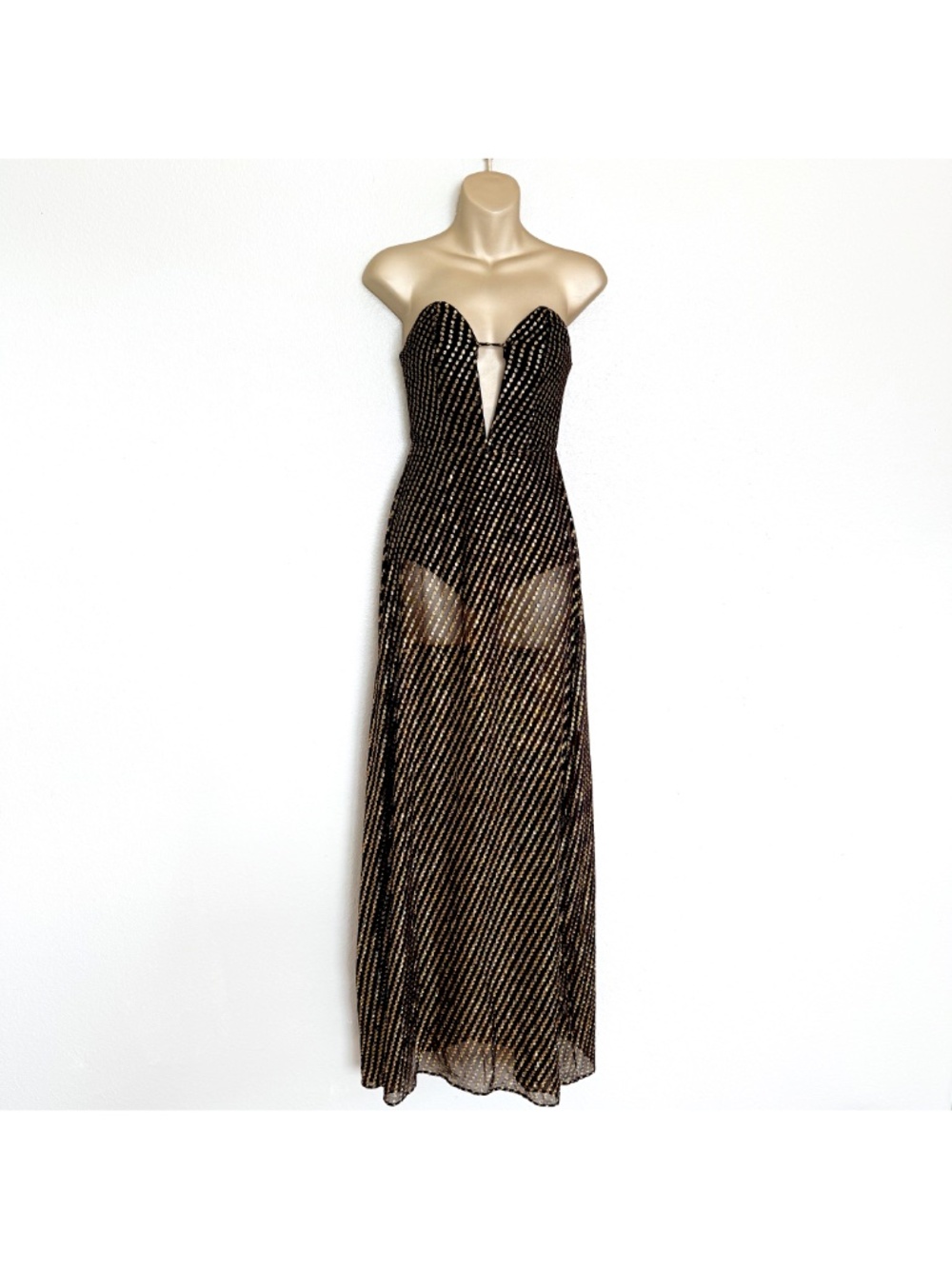LPA Gold Dot Dress 670 Silk Corset Plunging Strapless Sheer Maxi REVOLVE XS